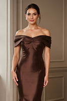 Load image into Gallery viewer, Brown Satin Mermaid Off the Shoulder Maxi Mother of the Bride Dress