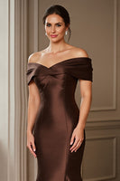 Load image into Gallery viewer, Brown Satin Mermaid Off the Shoulder Maxi Mother of the Bride Dress