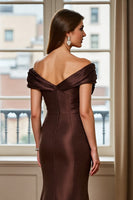 Load image into Gallery viewer, Brown Satin Mermaid Off the Shoulder Maxi Mother of the Bride Dress