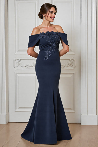 Navy Satin Off the Shoulder Maxi Mother of the Bride Dress with Appliques