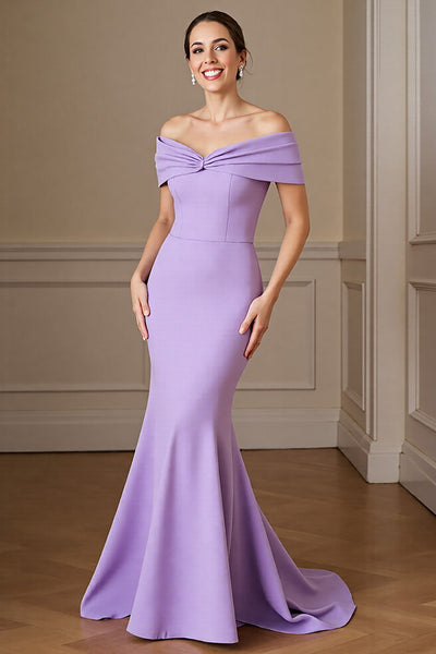 Lilac Satin Off the Shoulder Mermaid Maxi Mother of the Bride Dress