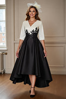 Load image into Gallery viewer, Women Black and White Satin Maxi Mother of the Bride Dress with Appliques A Line V-Neck Formal Dress