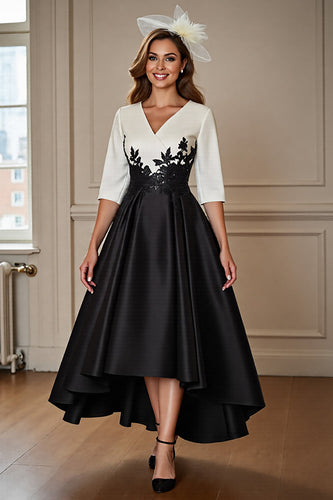 Women Black and White Satin Maxi Mother of the Bride Dress with Appliques A Line V-Neck Formal Dress