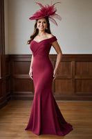 Load image into Gallery viewer, Burgundy Mermaid Satin Off the Shoulder Maxi Mother of the Bride Dress