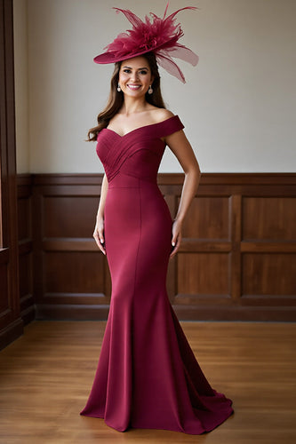 Burgundy Mermaid Satin Off the Shoulder Maxi Mother of the Bride Dress