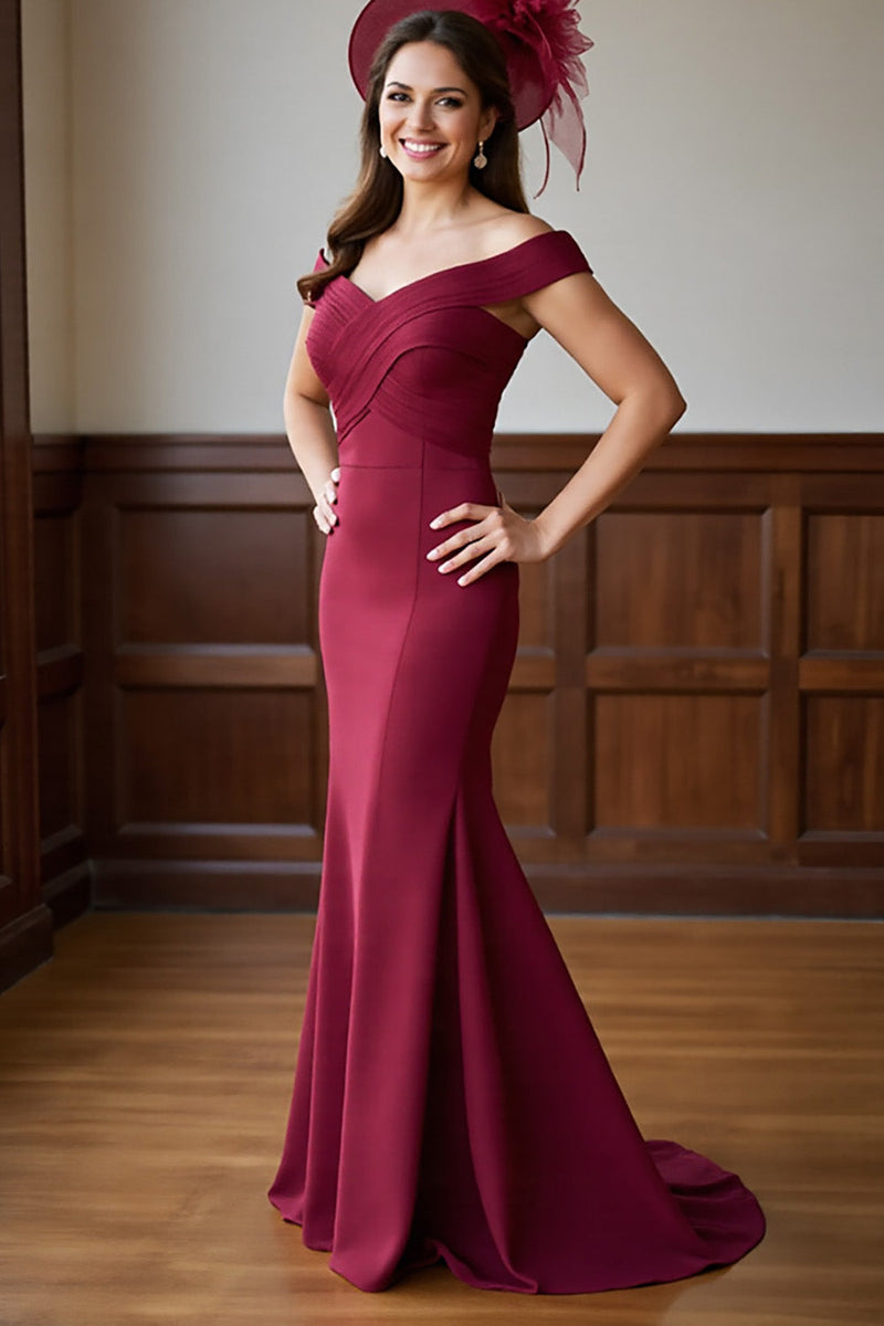 Load image into Gallery viewer, Burgundy Mermaid Satin Off the Shoulder Maxi Mother of the Bride Dress
