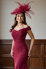 Load image into Gallery viewer, Burgundy Mermaid Satin Off the Shoulder Maxi Mother of the Bride Dress