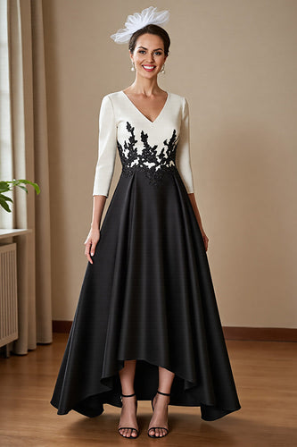 Black and White Satin A Line Maxi Mother of the Bride Dress with Appliques
