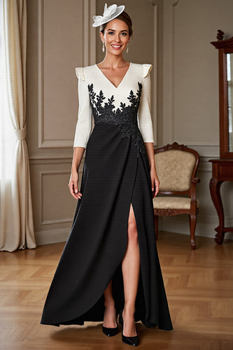Black and White Satin V-Neck Maxi Mother of the Bride Dress