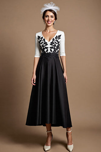 Black and White Satin Maxi Mother of the Bride Dress with Appliques