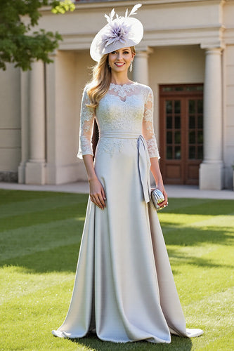 Silver A Line Maxi Satin Mother of the Bride Dress with Lace