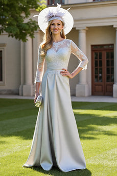 Silver A Line Maxi Satin Mother of the Bride Dress with Lace