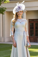 Load image into Gallery viewer, Silver A Line Maxi Satin Mother of the Bride Dress with Lace