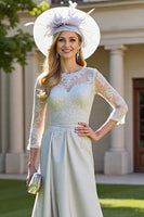 Load image into Gallery viewer, Silver A Line Maxi Satin Mother of the Bride Dress with Lace