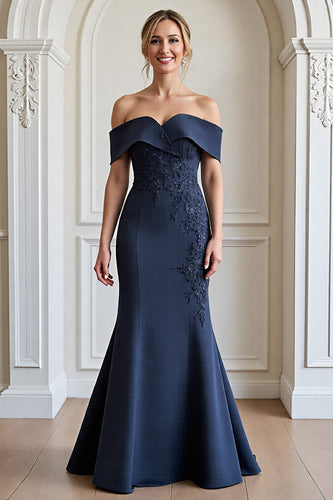 Navy Mermaid Satin Maxi Mother of the Bride Dress with Appliques