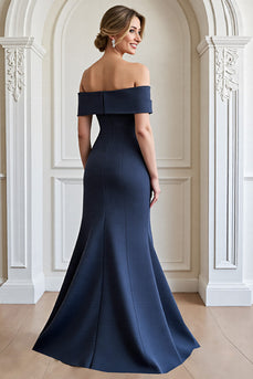 Navy Mermaid Satin Maxi Mother of the Bride Dress with Appliques