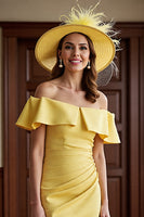 Load image into Gallery viewer, Daffodil Bodycon Off the Shoulder Satin Midi Mother of the Bride Dress