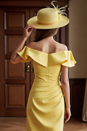 Daffodil Bodycon Off the Shoulder Satin Midi Mother of the Bride Dress