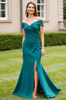 Load image into Gallery viewer, Peacock Green Off the Shoulder Satin Maxi Mother of the Bride Dress with Slit