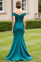 Load image into Gallery viewer, Peacock Green Off the Shoulder Satin Maxi Mother of the Bride Dress with Slit