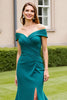 Load image into Gallery viewer, Peacock Green Off the Shoulder Satin Maxi Mother of the Bride Dress with Slit