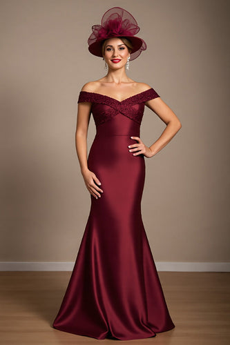Burgundy Mermaid Satin Maxi Mother of the Bride Dress with Appliques