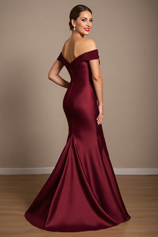 Burgundy Mermaid Satin Maxi Mother of the Bride Dress with Appliques