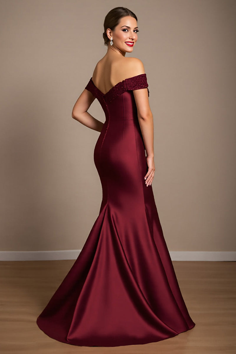 Load image into Gallery viewer, Burgundy Mermaid Satin Maxi Mother of the Bride Dress with Appliques