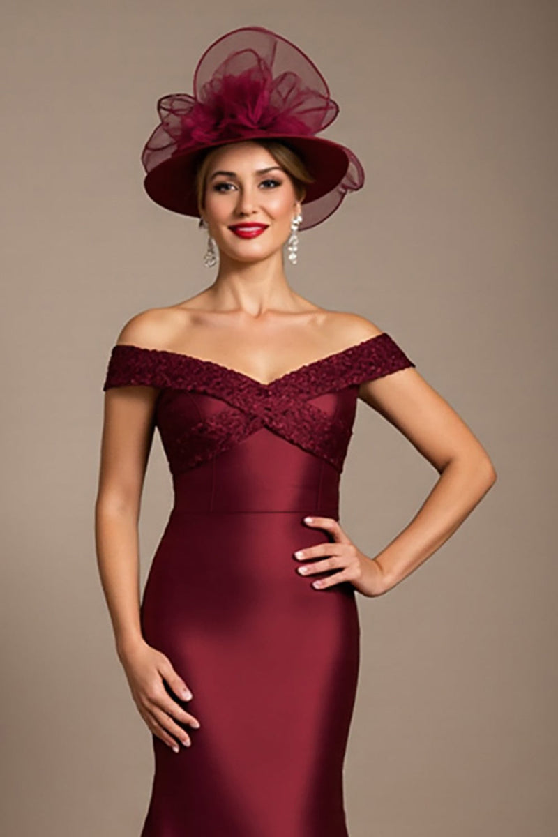 Load image into Gallery viewer, Burgundy Mermaid Satin Maxi Mother of the Bride Dress with Appliques