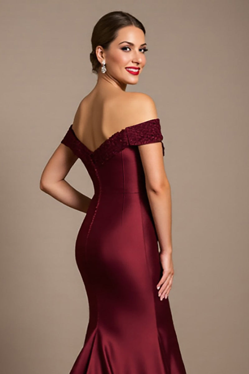 Load image into Gallery viewer, Burgundy Mermaid Satin Maxi Mother of the Bride Dress with Appliques