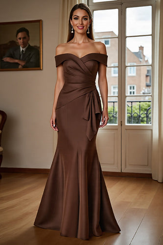 Queendancer Women Brown Satin Mermaid Maxi Elegant Dress for Mother of the Bride Off the Shoulder Ruched Formal Dress with Ruffles