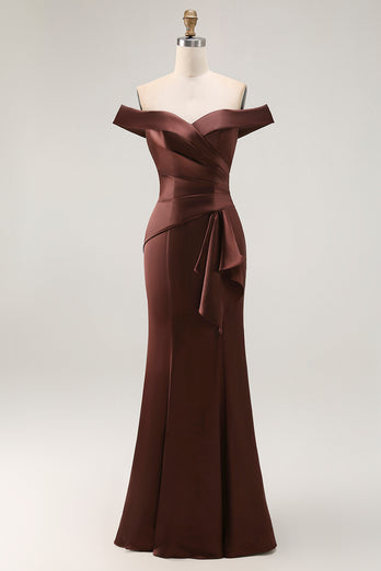 Brown Satin Mermaid Maxi Mother of the Bride Dress with Ruffles