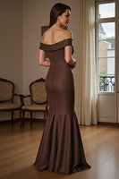 Load image into Gallery viewer, Brown Satin Mermaid Maxi Mother of the Bride Dress with Ruffles