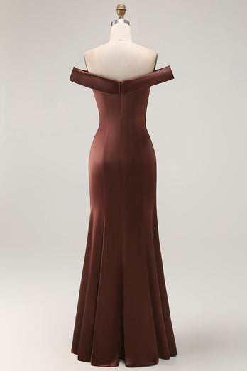 Brown Satin Mermaid Maxi Mother of the Bride Dress with Ruffles