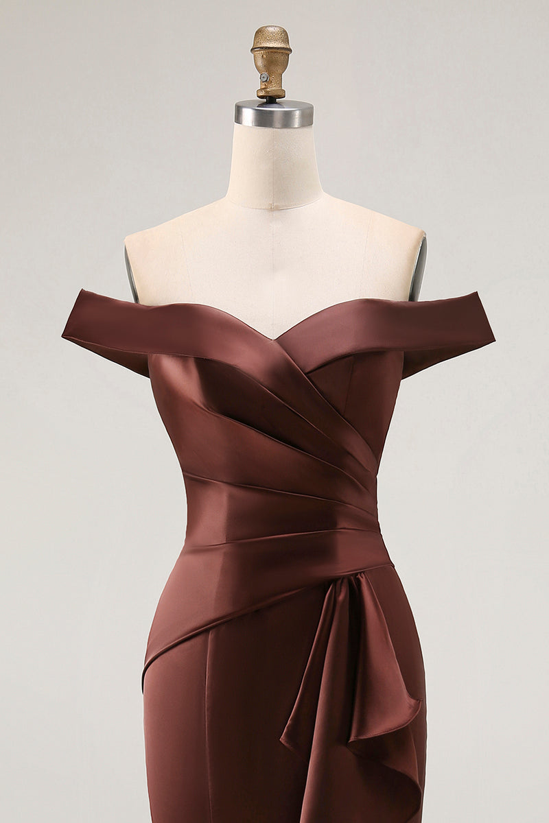 Load image into Gallery viewer, Brown Mermaid Satin Maxi Mother of the Groom Dress with Ruffles