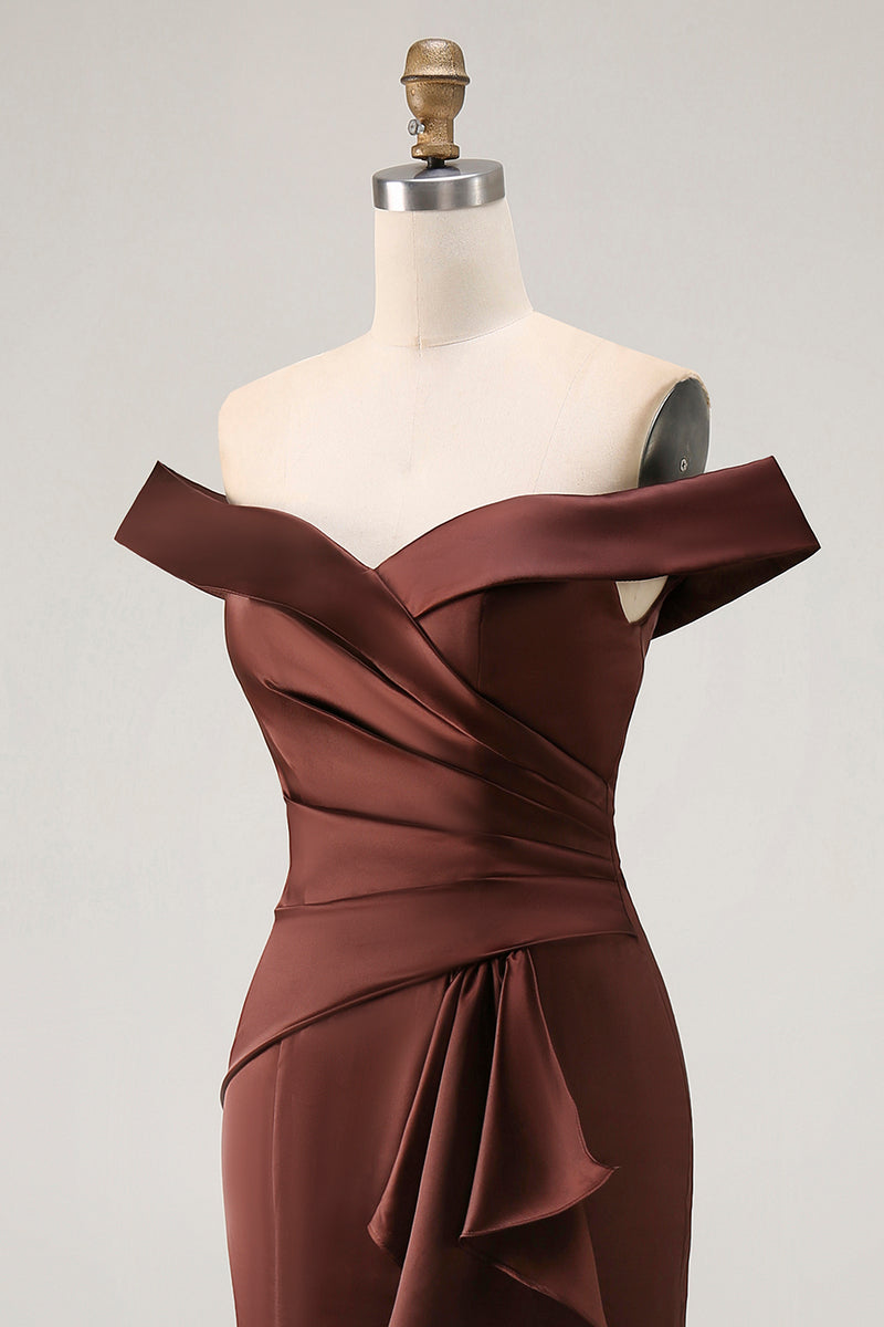 Load image into Gallery viewer, Brown Mermaid Satin Maxi Mother of the Groom Dress with Ruffles