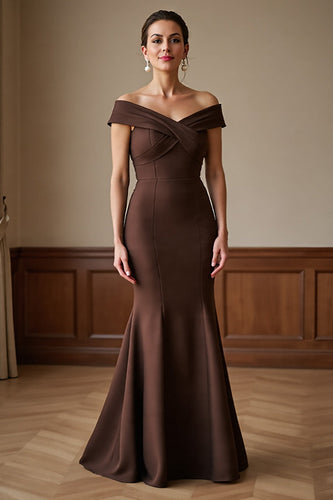 Brown Off the Shoulder Satin Maxi Mermaid Mother of the Bride Dress