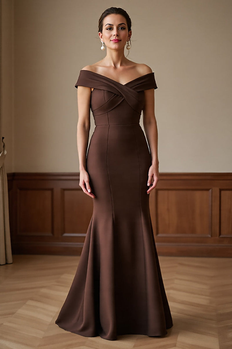 Load image into Gallery viewer, Brown Off the Shoulder Satin Maxi Mermaid Mother of the Bride Dress
