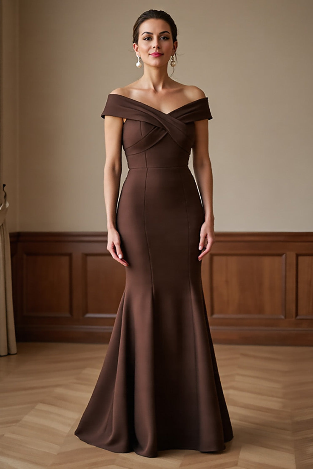 Brown Off the Shoulder Satin Maxi Mermaid Mother of the Bride Dress