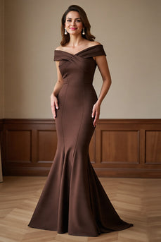 Brown Off the Shoulder Satin Maxi Mermaid Mother of the Bride Dress