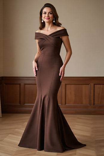 Brown Off the Shoulder Satin Maxi Mermaid Mother of the Bride Dress