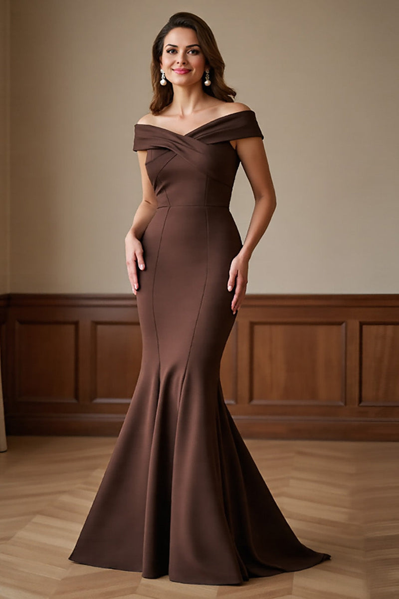 Load image into Gallery viewer, Brown Off the Shoulder Satin Maxi Mermaid Mother of the Bride Dress