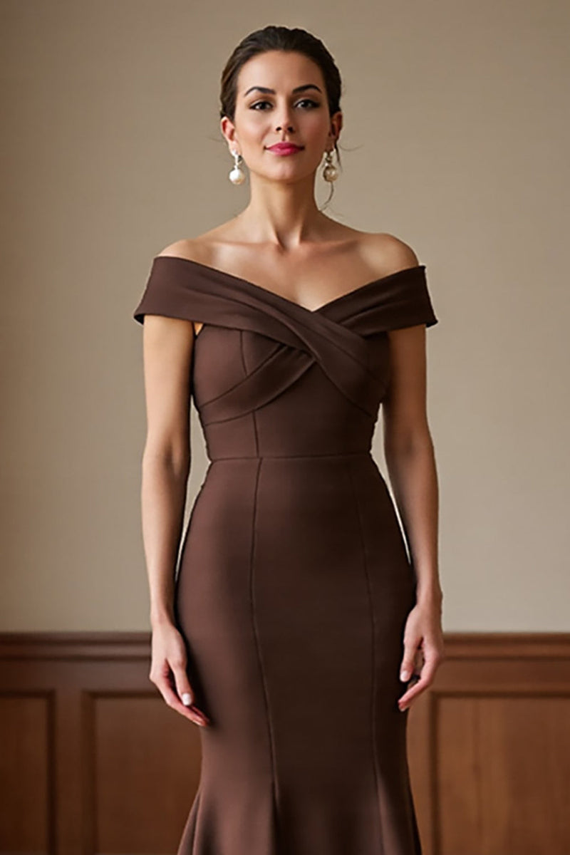 Load image into Gallery viewer, Brown Off the Shoulder Satin Maxi Mermaid Mother of the Bride Dress
