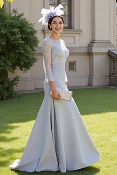Silver Satin A Line Maxi Mother of the Bride Dress with Lace