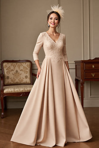 Apricot A Line Satin V-Neck Maxi Mother of the Bride Dress with Lace
