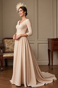 Apricot A Line Satin V-Neck Maxi Mother of the Bride Dress with Lace