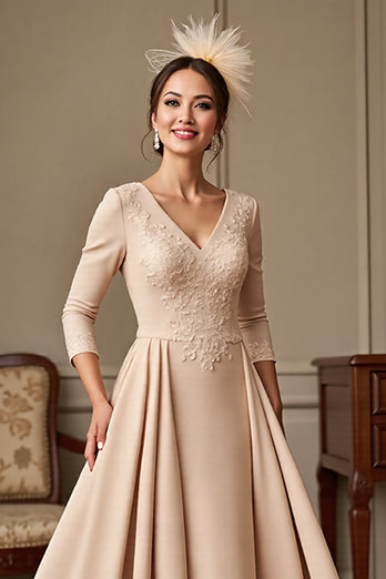 Apricot A Line Satin V-Neck Maxi Mother of the Bride Dress with Lace