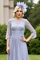 Load image into Gallery viewer, Grey Blue A Line Chiffon Maxi Mother of the Bride Dress with Lace