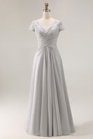 Load image into Gallery viewer, Silver Chiffon A Line Maxi Mother of the Bride Dress with Appliques