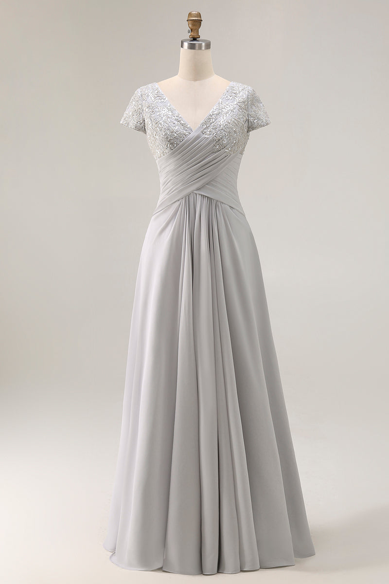 Load image into Gallery viewer, Silver Chiffon A Line Maxi Mother of the Bride Dress with Appliques